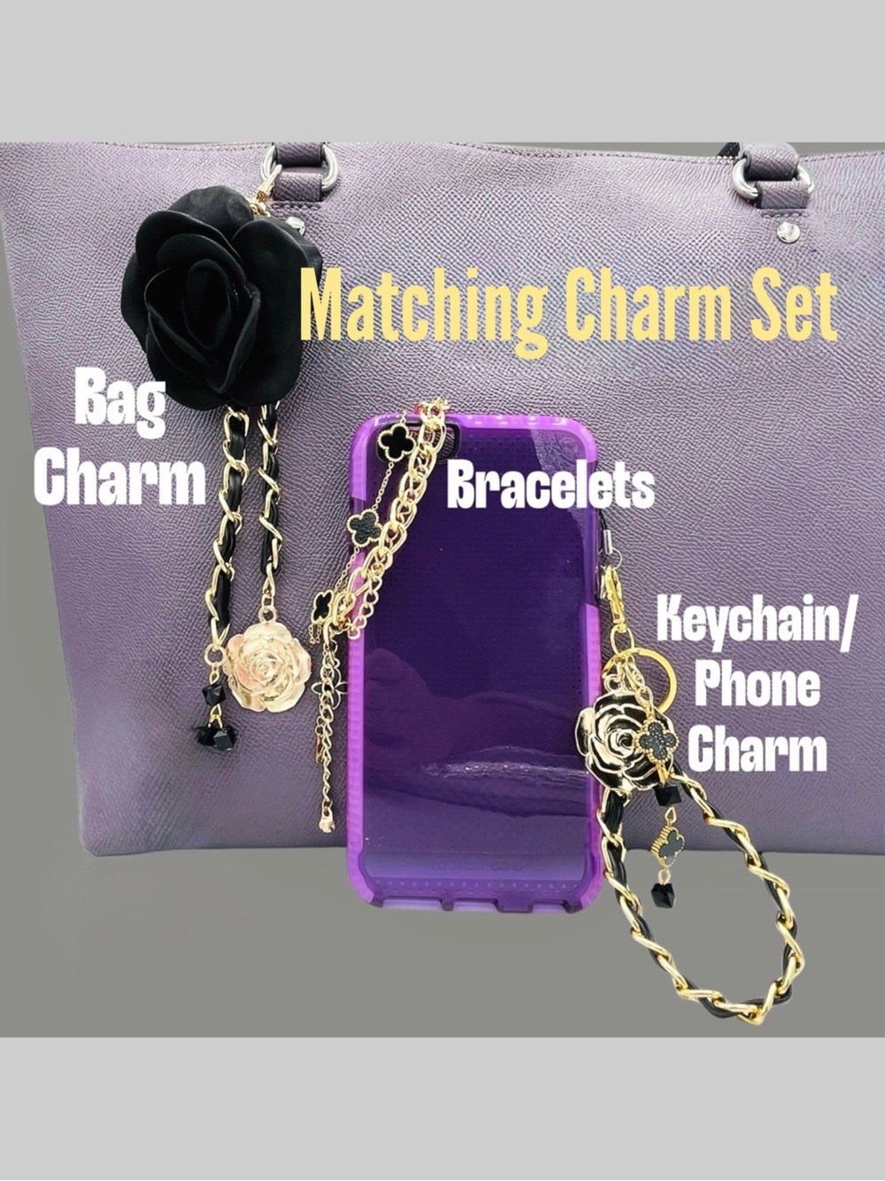Camellia & Lucky Clover Set - Vintage Bracelet, Bag Charm & Phone Charm